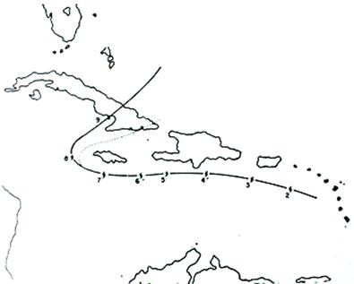Grfica de la trayectoria del huracn que devast el poblado de Santa Cruz del Sur el 9 de noviembre de 1932, publicado por el Diario de la Marina